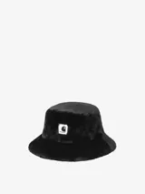 Gorro tipo bucket de Carhartt confeccionado en pelo sintético negro, con etiqueta cuadrada con el logo de la marca en el frente.