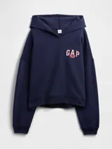 Canguro azul marino con capucha, de corte holgado y diseño deportivo. Presenta el texto 'GAME DAY' estampado en la espalda con efecto desgastado en color blanco y bordes rojos.