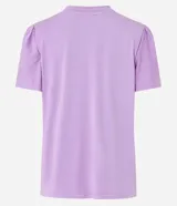 Blusa Marfinno de viscosa color lila, con cuello redondo acabado en rib y mangas cortas con pliegues fruncidos en las sisas.