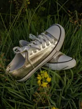 Zapatillas deportivas plateadas con cordones blancos y suela blanca con línea negra.