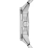 Reloj Armani Exchange modelo Banks con caja de acero plateado de 44mm, esfera azul con el logo de la marca, agujas plateadas y calendario. La malla es de acero plateado. Resistencia al agua de 5 ATM.
