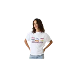 Remera oversized blanca de manga corta con estampado gráfico delantero estilo automovilístico y de carreras.