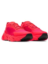 Championes de entrenamiento Under Armour modelo Halo Trainer, color rojo vibrante. Presentan tecnología de amortiguación UA HOVR reactiva, parte superior ligera con perforaciones para ventilación, estabilizador de tobillo y contrafuerte externo en el talón para mayor soporte y estabilidad.