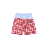 Short de baño Eme Studios, modelo Gary R Squared, con diseño combinado de cuadros en color rojo y celeste, cintura elástica y parche con logo bordado en la pierna izquierda.