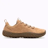 Championes Merrell modelo Wrapt, color marrón tabaco. Diseño tipo barefoot con parte superior de cuero, cierre de cordones y suela de goma con relieve agresivo para mayor tracción.
