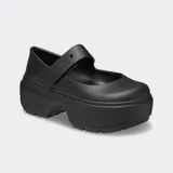 Zuecos Crocs Stomp Mary Jane color negro, con plataforma exagerada y correa ajustable con orificios para charms Jibbitz™.