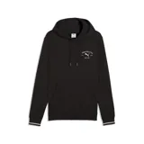Canguro Puma de felpa color negro, con capucha con cordón ajustable, bolsillo frontal tipo canguro y detalles de líneas blancas en los puños. Presenta un pequeño estampado circular en el pecho con el logo de la marca y la inscripción "Puma Athletics".