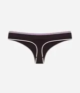 Bombacha tipo bikini de corte tanga, confeccionada en poliamida con elastano. Presenta un diseño sin costuras en color negro con bies contrastante en tono claro en los bordes.