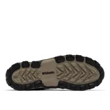 Bota de senderismo Columbia modelo Transverse Hike, color beige con detalles en marrón oscuro. Construcción impermeable y transpirable con parte superior de piel y malla, entresuela amortiguadora y suela de alta tracción.