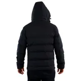 Campera puffer verde militar con capucha y cierre frontal.