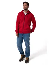 Buzo con capucha y cierre frontal completo, confeccionado en tejido fleece color rojo. Presenta bolsillos tipo canguro, puños y cintura acanalados, y un pequeño parche con el logo de la marca en el bajo.
