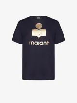 Camiseta de lino Isabel Marant Étoile, color tostado, con cuello redondo y logo estampado en color plateado en el pecho.