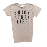 Remera color beige con estampa negra que dice "Enjoy the Life" y logo de la marca Duxon.