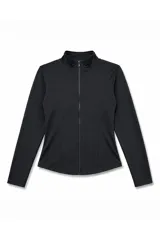 Campera deportiva negra de ajuste entallado con cuello alto, cierre frontal completo y mangas largas.