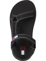 Sandalias Tommy Jeans negras con tiras de poliéster ajustables y logo de la marca en el empeine.