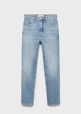 Jeans slim tiro medio de tejido de algodón elástico, color celeste, con diseño crop, bolsillos delanteros y traseros, trabillas y cierre de cremallera y botón.