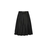 Pollera midi de denim crudo oscuro, con diseño plisado y cierre lateral con botones.