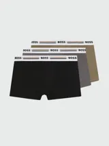 Bóxer de hombre Boss color gris, con cintura elástica blanca y franjas horizontales en tonos negro y tostado con el nombre de la marca en el centro.