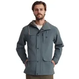 Campera azul con capucha, cierre frontal con botones a presión, múltiples bolsillos y logo bordado en el pecho.