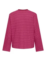 Top de manga larga con diseño a rayas horizontales en color marrón y blanco, cuello redondo y corte holgado.