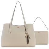 Cartera tipo tote bag Guess modelo Melody, color gris con herrajes dorados y logo frontal. Incluye doble asa de hombro, llavero decorativo con borlas y candado, y un estuche tipo pouch interno con cierre y correa.