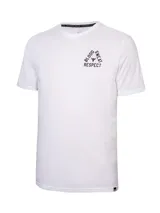 Remera de entrenamiento Under Armour de la línea Project Rock, color blanco, con cuello redondo acanalado y estampa gráfica pequeña en el pecho con el lema Blood Sweat Respect.