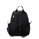 Mochila de tela color lila con múltiples bolsillos frontales y laterales con ajuste de cordón elástico.