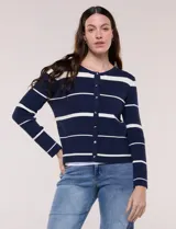 Cardigan tejido de punto fino Elie Tahari, color azul marino con rayas horizontales blancas. Cuenta con escote redondo, cierre frontal con botones metálicos y mangas largas.