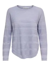 Sweater lila de punto acanalado con cuello redondo y manga larga.