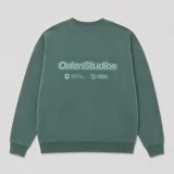 Buzo de cuello redondo color verde, con estampado gráfico minimalista en el pecho y etiqueta pequeña en el ruedo.