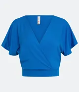 Blusa corta de viscose color azul eléctrico, con escote en V cruzado y mangas cortas amplias. Marca Blue Steel.