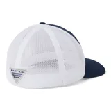 Gorra Columbia PFG Mesh Ball Cap en color azul marino y blanco, con visera curva, parte posterior de malla transpirable y logo de la marca bordado en el frente.