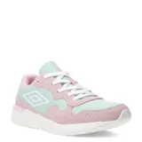 Championes deportivos Umbro con diseño de paneles en colores pastel, combinando tonos menta y rosado. Presentan el logo de la marca en el lateral y una suela blanca de plataforma.