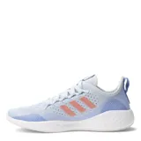 Championes de running Adidas Fluidflow 2.0, confeccionados en tejido textil transpirable en tonos celestes con las icónicas tres tiras laterales en color naranja. Presentan una mediasuela blanca de amortiguación suave y cierre con cordones.