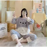 Conjunto de pijama de dos piezas confeccionado en tela de plush suave y abrigada. Incluye una remera de manga larga con diseño estampado de Totoro y pantalón largo a juego con puños en contraste.