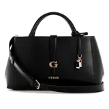 Cartera Guess modelo Carrie de color negro, confeccionada en símil cuero con herrajes dorados. Presenta doble asa superior, una correa ajustable para el hombro y un dije decorativo con candado. Cuenta con el logo de la marca en el frente y una tira con cierre de broche magnético.