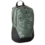 Mochila Rip Curl Overtime 30L Motion color verde con estampado abstracto en tonos más claros y base negra. Cuenta con cierre superior, bolsillo frontal con cierre y asas de mano superiores.