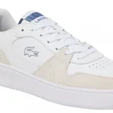 Championes Lacoste modelo L001, de diseño urbano con base blanca, detalles en gamuza beige y refuerzo azul en el talón. Presenta el logo del cocodrilo bordado en el lateral y suela de goma blanca.