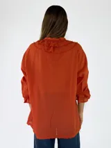 Blusa de manga larga color marrón, con cierre frontal de botones, escote en V y detalles de volados fruncidos alrededor del cuello y los puños elásticos.