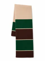 Bufanda de tejido de punto con diseño de bloques de color en tonos marrón, verde y crema.