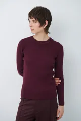 Buzo de tejido morley color marrón, con cuello redondo y mangas largas, de corte ajustado al cuerpo.