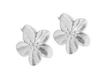 Par de caravanas plateadas con forma de flor de cinco pétalos y centro con pequeñas esferas. Cierre con tuerca a presión.