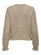 Cardigan de punto color beige melange, con cuello redondo, cierre frontal de botones y detalle de volados en el ruedo y los puños.