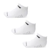 Pack de tres pares de medias cortas deportivas New Balance, color blanco con logo y detalles en negro. Cuentan con tejido transpirable y refuerzo en la zona del arco.