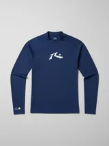 Remera de lycra azul marino de manga larga con protección UV y logo de la marca Rusty estampado en el pecho.