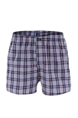 Calzoncillo tipo bóxer de tela con estampado de cuadros en tonos rojo y azul marino, con cintura elástica.