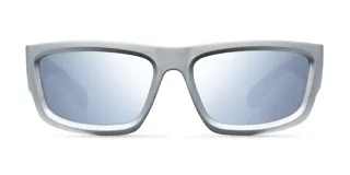 Gafas de sol plateadas con montura rectangular y diseño envolvente. Lentes polarizadas alemanas con protección UV400, recubrimiento anti-scratch y superhidrofóbico.