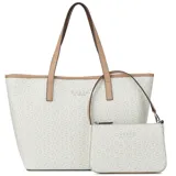 Cartera tipo tote bag Guess modelo Keira, color blanco con monograma de la marca en tono tostado y asas de hombro en color tostado. Incluye un pequeño bolso de mano o neceser a juego.