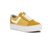 Championes Pony Old School color mostaza con detalles blancos, diseño de caña baja con plataforma y cordones blancos.