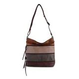 Bandolera de diseño tricolor con paneles en tonos marrón, beige y gris. Presenta múltiples cierres frontales, correa larga regulable y compartimento principal con cierre superior.